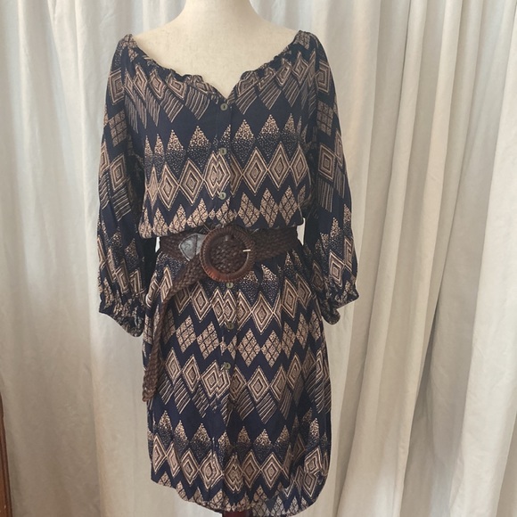 Anthropologie Edme & Esyllte tunic dress, navy & beige boho pattern, size 10 - Picture 3 of 10